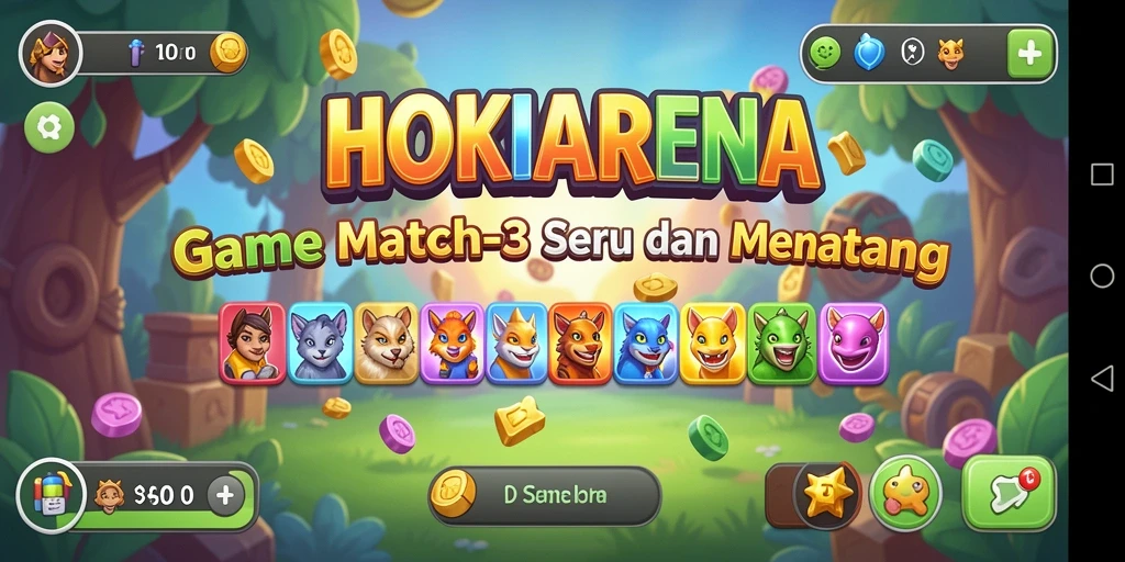 Gameplay HOKIARENA dengan permata berwarna-warni yang seru.