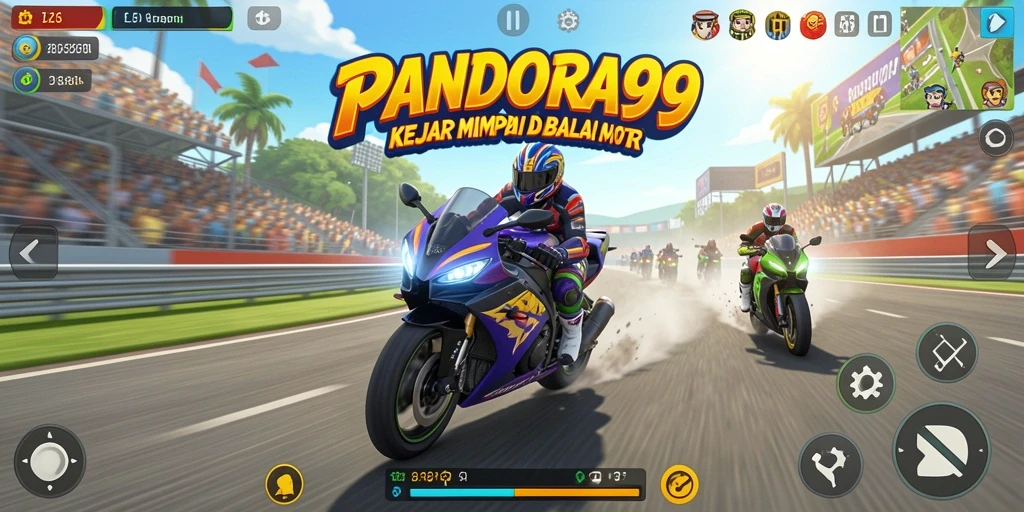 Tampilan gameplay seru PANDORA99 saat balapan motor di sirkuit.