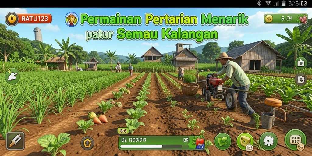 Tampilan utama gameplay RATU123 dengan aktivitas pertanian yang seru.